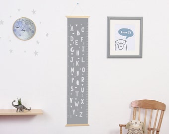 Alphabet height chart, alphabet print, kid's growth chart, nursery wall hanging, giclee print, centimeters and inches, Grey nursery decor.
