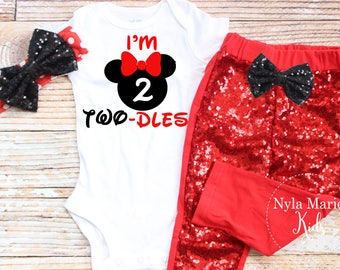 Twodles Birthday Outfit, Minnie Mouse Second Birthday Outfit, Two Year Old Birthday Outfit Girl, Red Birthday Outfit, Mouse Ears