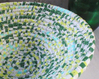 Handmade Coiled Fabric Basket - Dark Green, Neon Yellow, Bright Blue, Handmade by Me