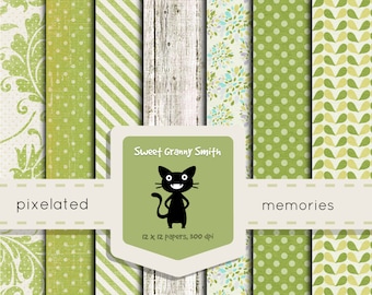 Digital Scrapbooking Paper Pack Apple Green Sweet Granny Smith Hi-Rez Set Shabby Cottage Chic For Personal and Commercial Use