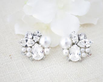 Vintage style cluster earrings, Asymmetrical rhinestone and pearl bridal earrings, Swarovski crystal wedding jewelry, Unique stud earrings