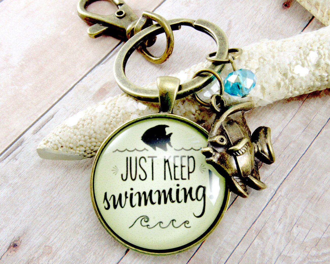 Just Keep Swimming Keychain Encouragement Gift Glass