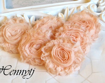 New Color: Set of 6 Shabby Frayed Vintage look Chiffon Rosette Flowers - Light Salmon / Peach