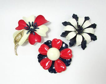 Enamel Large Flower Brooches - Three Pins - Red White & Blue - c 1960s - free US shg