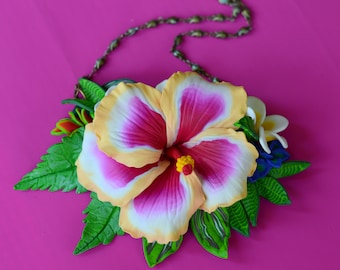 Art necklace,polymerclay,necklace,elegant,flowers,unique,fashion,tropical flowers,hibiscus,plumeria,jewerly,romantic,pink,green,white