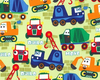 SALE Little Movers Build More Paint Box by Michael Miller - Construction Trucks Bulldozer Green - Quilting Cotton Fabric - choose your cut