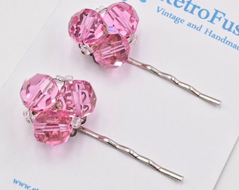 Pink rhinestone hair pins, pink crystal bobby pins, pink flower hair pin, 1950s vintage earring hair pin, austrian crystal hair clip