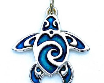 Sea turtle necklace, blue turtle tattoo charm necklace, sterling silver pendant with a blue patina.