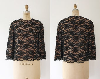 1950s lace blouse / 50s black blouse / 50s evening blouse