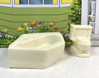 SUPERIOR BATHTUB and TOILET, 1/2" Scale, Soft Plastic, 1950's, Bathroom, Marx Mold Contemporary Style, Vintage T. Cohn Dollhouse Furniture