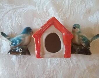 Porcelain Bluebirds and Birdhouse