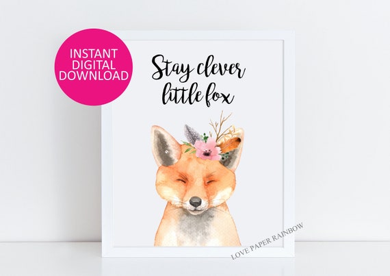 Nursery fox with floral Printable, Watercolor Art, Baby fox Printable, Nursery Decor, Kid Decor, forest Animal printable, bedroom decor