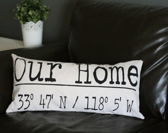 Latitude Longitude Pillow, Coordinates Pillow, Personalized Pillow, Custom Pillow, Housewarming Gift, Burlap Pillow, Wedding, New Home Gift