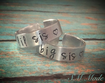 Big sister, little sister ring set - hand stamped ring - very sturdy ring - great gift - fun piece of jewelry