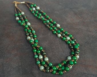 Green Necklace, Statement Necklace, Multistrand Necklace, Green, Bead Necklace, Pearl Necklace, Glass, Chunky Necklace, Emerald, Bronze