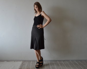 vintage dark grey jersey drop waist pleated knee length skirt