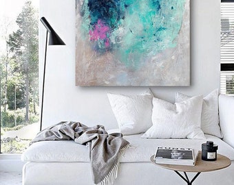 Original painting, Abstract painting on canvas, original gift idea, blue and turquoise,pink painting