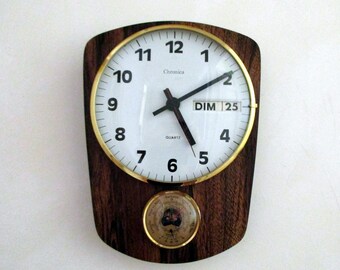 French Mid Century CHRONICA Formica Wall Clock -Weather Station Clock- includes working Date, Barometer & Thermometer-Good Working Condition
