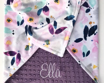 Floral Baby Blanket - Minky Baby Blanket - Personalized Baby Blanket - Watercolor Florals - Ultra Violet - Monogrammed Baby Blanket