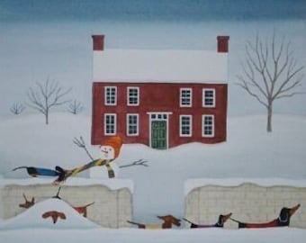12 Christmas cards: Dachshund (doxie) family walks in front of snow-covered house / Lynch folk art