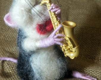 Needle felted mouse with saxophone, Needle felted soft sculpture