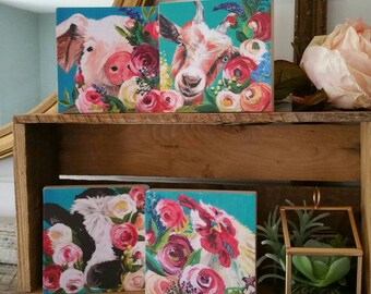 Floral farm animal artwork - PRINTS of original paintings on WOOD - farmhouse decor - SET of 4 - four sizes available