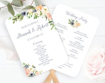 Wedding Program Fan Template, Dusty Blue, Peach, Cream Wedding Program Fan Printable, /Greenery Wedding Program, Succulent Wedding Program