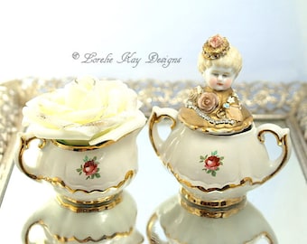 Pink Roses Miniature Cream & Sugar Art Doll Functional Mixed Media Assemblage Blonde China Head Doll Lorelie Kay Designs