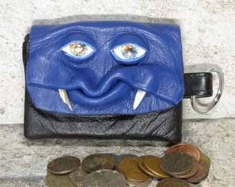 Zippered Coin Purse Blue Black Leather Change Purse Monster Face Pouch Key Ring Harry Potter Labyrinth 33