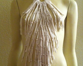 Up cycled, Fringe, necklace, scarf, neckwear, accessory, white