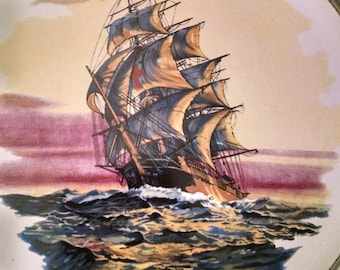Nautical Sailing Ship Tile in Pewter Frame