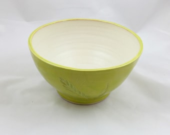 Chartreuse Serving Bowl Wheat Design Handmade Pottery by Daisy Friesen