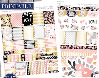 Printable planner stickers fits vertical Erin Condren, Inkwell press, Plum Paper, Filofax planners. Floral gold, black and pink two pack.