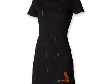 Funky t shirt dress, gift for her, women fox dress, fox in the rain, foxy tee dress, painted apparel, hipster women dress