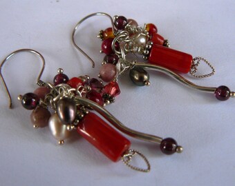 Earrings - Sterling Silver- Beaded - Dangling/Drop - Carnelian - Gemstones - Cluster