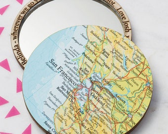 Personalised Map Location Pocket Mirror - map compact beauty mirror - bombus map mirror - Bridesmaid mirror - gift for her