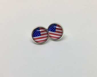 12mm Glass USA Flag Earrings Memorial Day Earrings 4th Of July Earrings