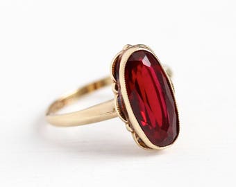 Sale - Created Ruby Ring - Vintage 10k Rosy Yellow Gold Red Oval Lab Ruby - 1950 Sz 7 July Birthstone Fine PSCO Scalloped Statement Jewelry