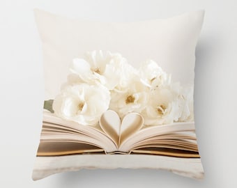 Flower Pillow Case - Book Pillow Cover - White Rose Pillow - Heart Pillow Case - 16x16 18x18 20x20 Pillow Cover