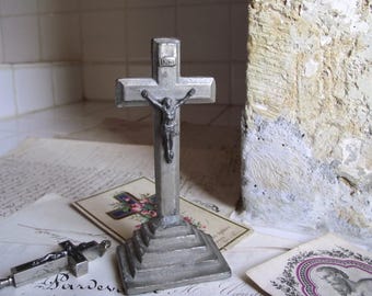French Vintage standing metal Art Deco crucifix.
