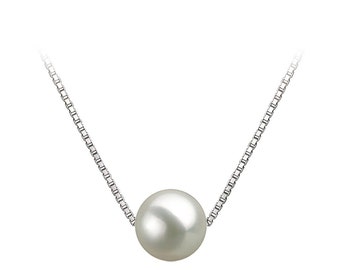 Japanese AAAA White Freshwater Pearl Pendant Necklace 16"/18" Sterling Silver Matching Chain Floating Pearl Pendants
