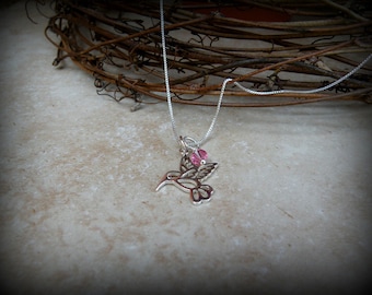 Hummingbird necklace, Sterling silver bird necklace, Hummingbird outline