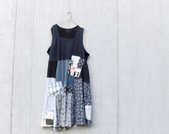 Plus Size Clothing, Black Dress, Patchwork Tank, Upcycled Dress, Recycled Clothing, Summer Dress, Gray, Eco Clothing, Sustainable, CreoleSha