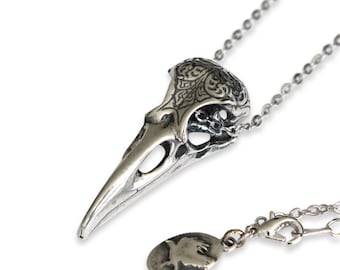 Raven Skull Necklace, White Bronze with Sterling Overlay Raven Necklace, Engraved Bird Skull Pendant Necklace 313