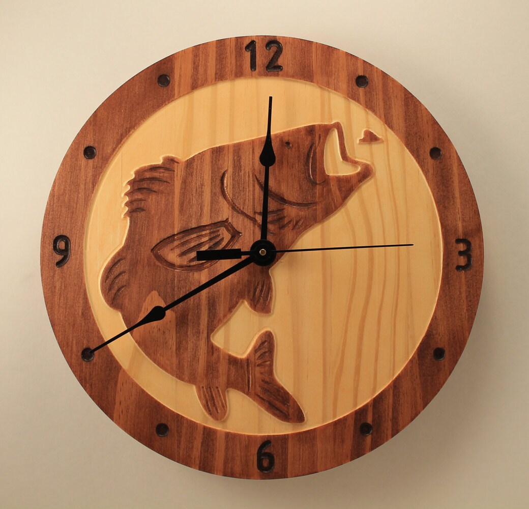 Pine bass clock Fish clock Wood clock Wall clock Wooden wall