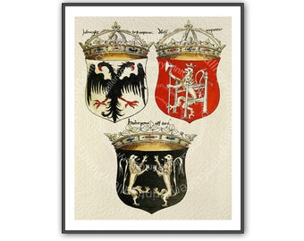 Heraldry Prints Heraldic Shields Renaissance Coat of Arms European Medieval Crowns Crest Wall Art Man Cave Art Decor Antique Maritime ap 158