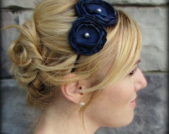 Bridesmaid Headband, Woman Headband Double Flower Headband in Navy Blue, Headband for Adults and Girls