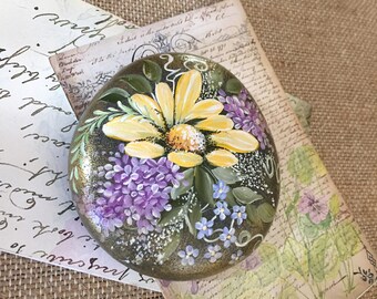 Hand Painted Rock, Yellow Daisy Rock, Paperweight, Garden Stone
