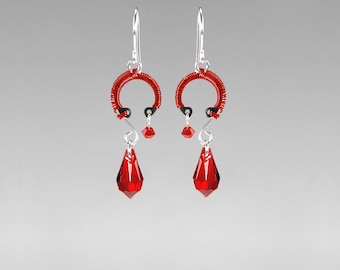 Red Swarovski Crystal Industrial Earrings, Red Wire Wrapped, Statement Earrings, Industrial Jewelry, Bridal Jewelry, Umbriel II v3