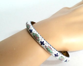Vintage Cloisonne Bangle Bracelet, White Bracelet, Flowered Bangles, Chinese Enameled Bracelet, Gift for Her, Bohemian Wedding Bracelet